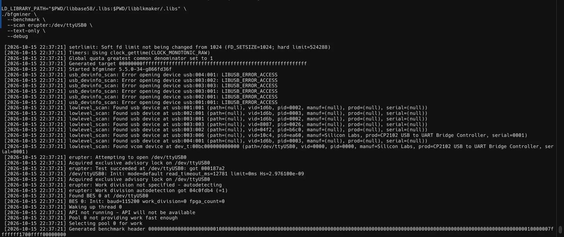 Terminál Arch Linuxu: BFGMiner rozpoznal ASICMiner Block Erupter jako BES 0 na /dev/ttyUSB0.