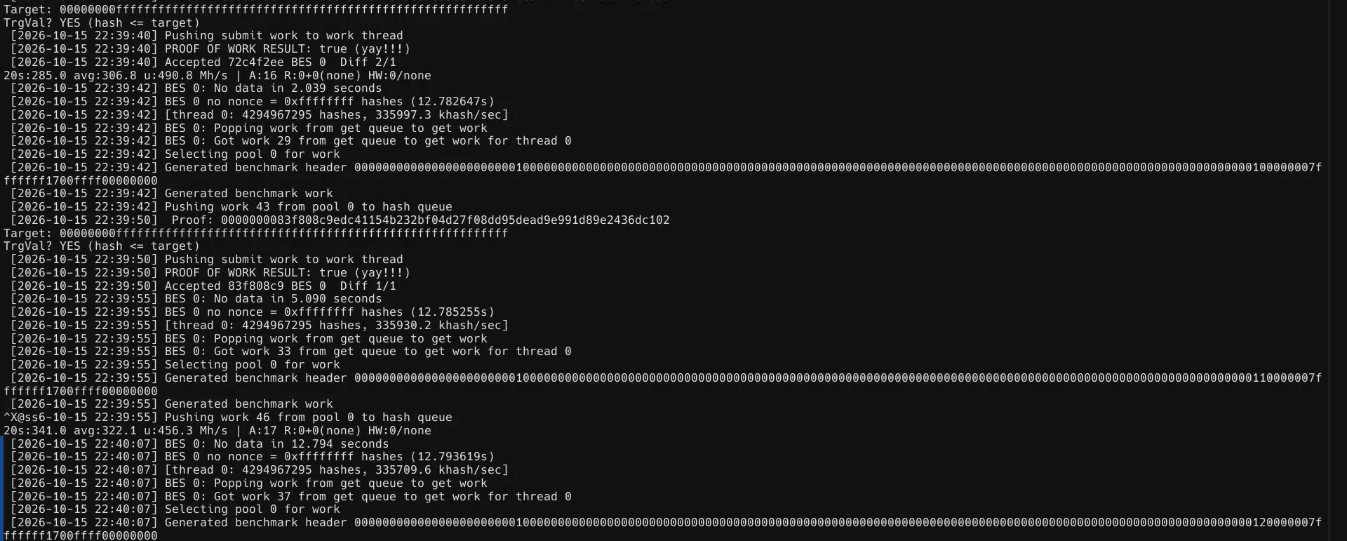 Terminál BFGMiner s potvrzeným Proof of Work, průměrným výkonem 322,1 MH/s a nulovým počtem hardwarových chyb.